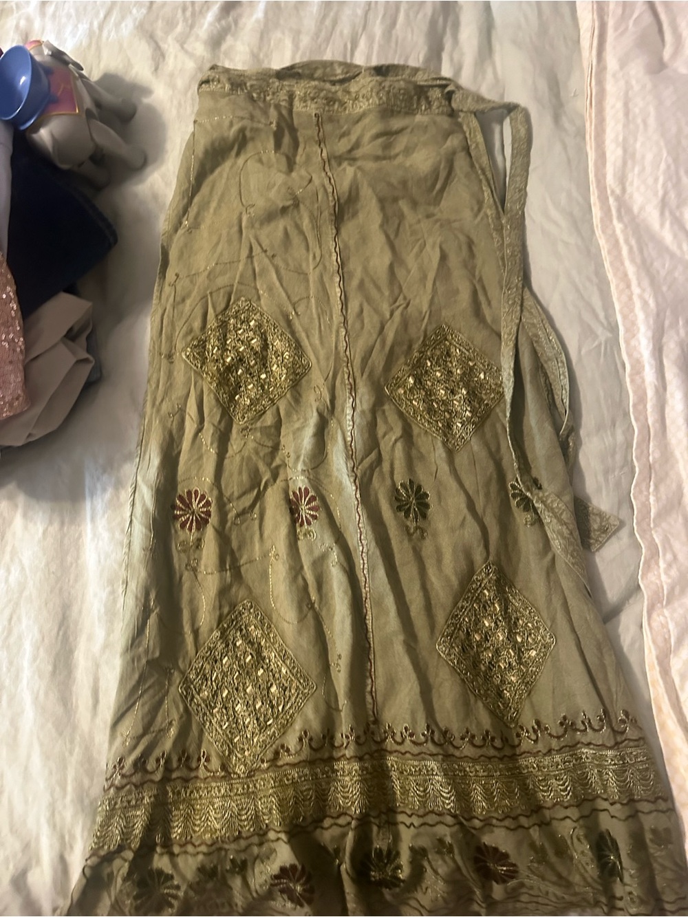 Embroidered Olive Green Maxi Skirt